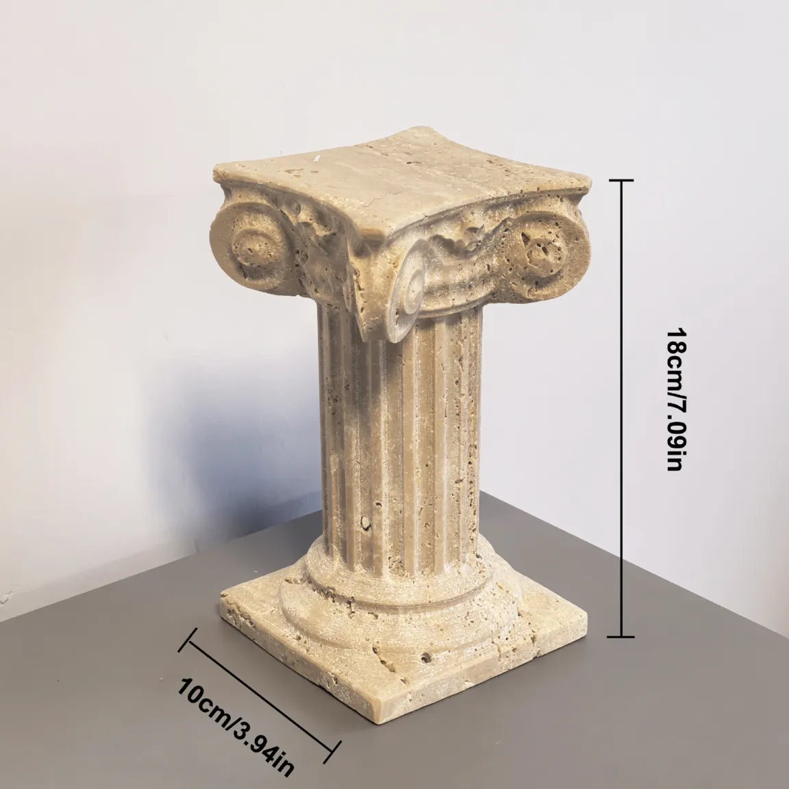 Natural travertine marble Ionic Roman column decor with dimensions, beige porous texture, 18cm tall classic architectural pillar