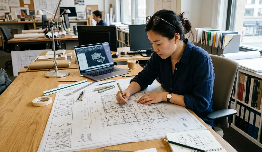 Soft furnishing selection and styling process in interior design: woman architect working on building floor plans at a desk in a modern design studio
