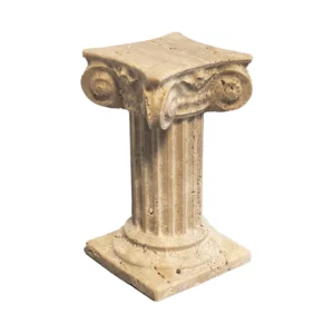 Beige travertine marble Roman column figurine, isolated on white background, classic Ionic pillar design
