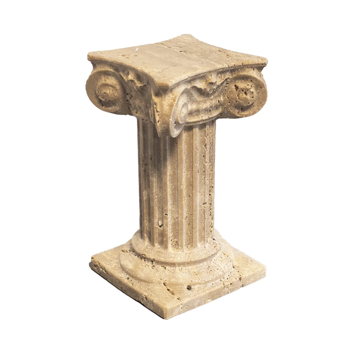 Beige travertine marble Roman column figurine, isolated on white background, classic Ionic pillar design