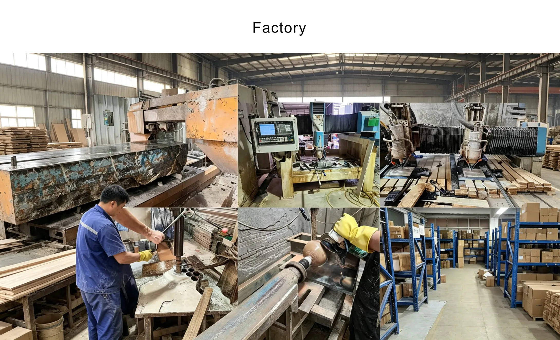 Modern marble processing factory environment, clean and efficient stone fabrication shop with CNC machines, skilled workers crafting decorative marble ornaments, display stands and art crafts, industrial stone workshop for custom stone products, for home decor manufacturers and wholesale buyers
