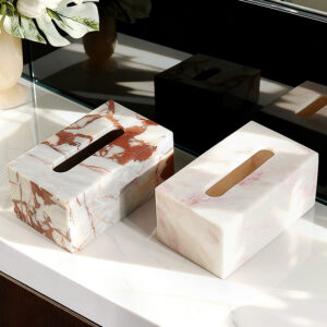 Luxury natural marble tissue box set, white marble with red brown veins and pink marble tissue holder for modern home decor