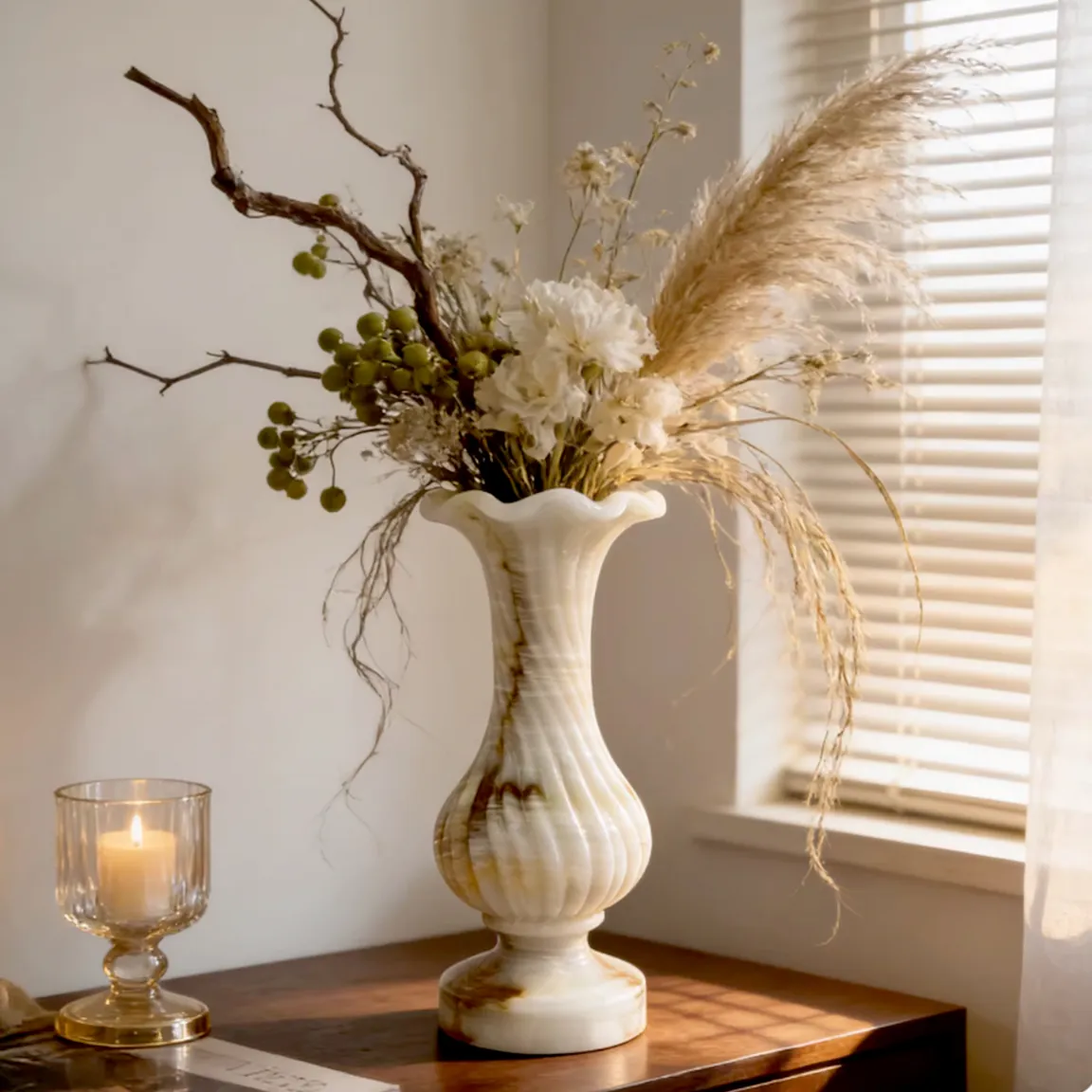Oriental minimalist marble vase with dried flowers, spiral ribbed onyx vessel for living room decor