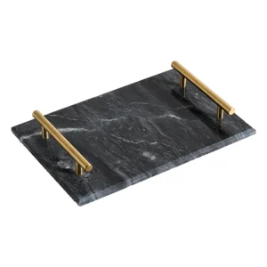 Square Natural Marble Serving Tray – Handmade Stone Catchall with Sturdy Metal Handles, for Jewellery, Candle & Decor