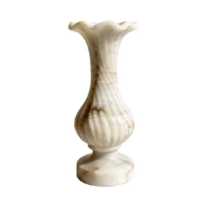 Cream white marble vase with hand-carved spiral ribbed body and wavy lotus rim, natural stone decor