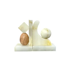 Minimalist Natural Jade Marble Bookends Pair, Abstract Geometric Zen Style Stone Book Holder, White Onyx with Peach Travertine Egg Cube Sculpture Bookend for Home Library Desktop Display