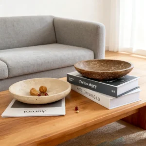 Dual Tone Beige & Brown Solid Travertine Fruit Bowls Arranged on Wooden Coffee Table, Farmhouse Living Room Centerpiece Decor