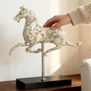 Hand Touch Shot Luxury Oriental Galloping Horse Resin Statue, White Gold Marble Vein Textured Horse Decor on Wooden Side Table, Minimalist Living Room Interior Decor Ornament