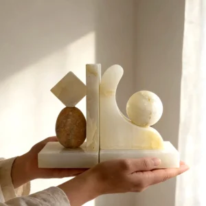 Handheld Size Display Luxury Natural Jade Marble Bookends Set, Abstract Sculpture Zen Style Stone Book Holder, White Onyx Geometric Book Stopper for Office Desk & Modern Home Bookshelf Ornament