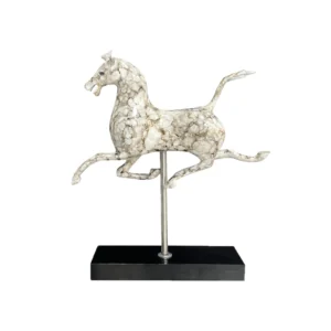 Oriental Galloping Horse Resin Art Sculpture, Natural Cracked White Marble Pattern Running Horse Table Decor, Polished Black Stone Base Luxury Home Ornament Isolated White Background