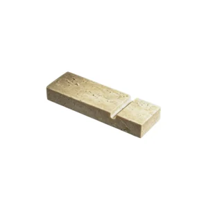 Plain white background product shot of beige travertine marble knife fork rest, minimalist natural stone utensil holder e-commerce listing photo